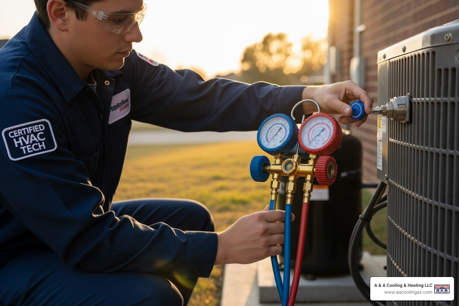 a certified HVAC technician safely handling refrigerant gauges - AC evaporator coil repair