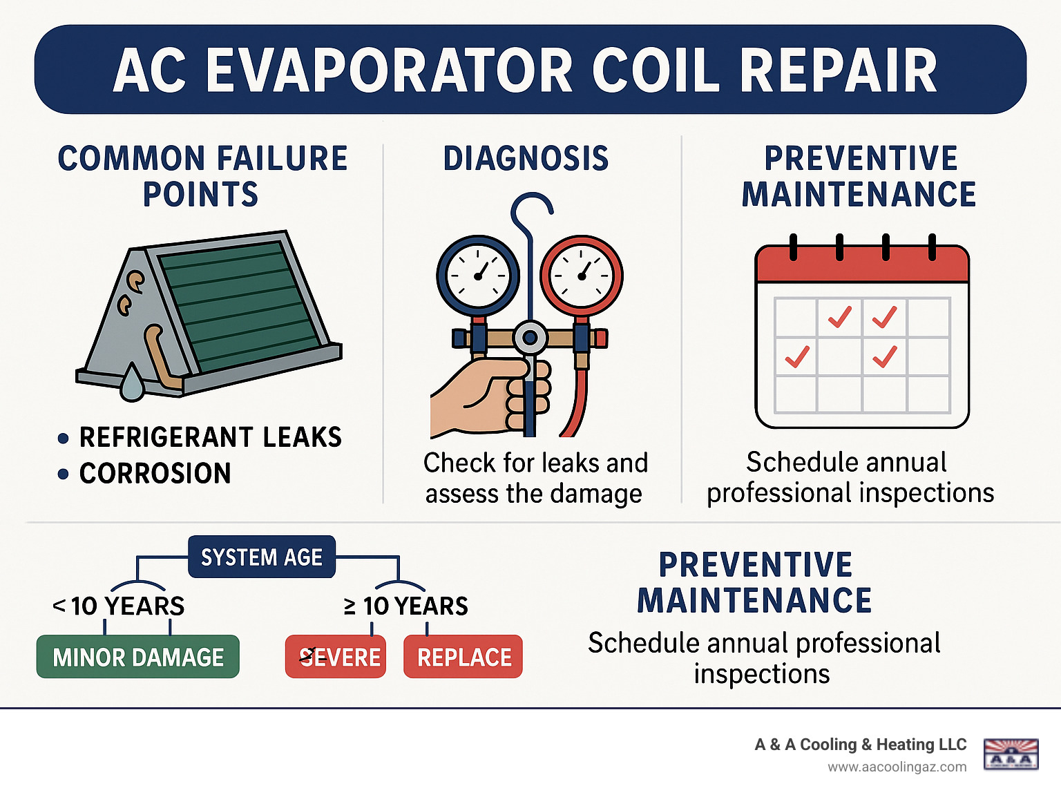 Detailed infographic showing AC evaporator coil repair process including common failure points like refrigerant leaks and corrosion, diagnostic steps with pressure gauges, repair versus replacement decision tree based on system age and damage severity, and preventive maintenance schedule - AC evaporator coil repair infographic 