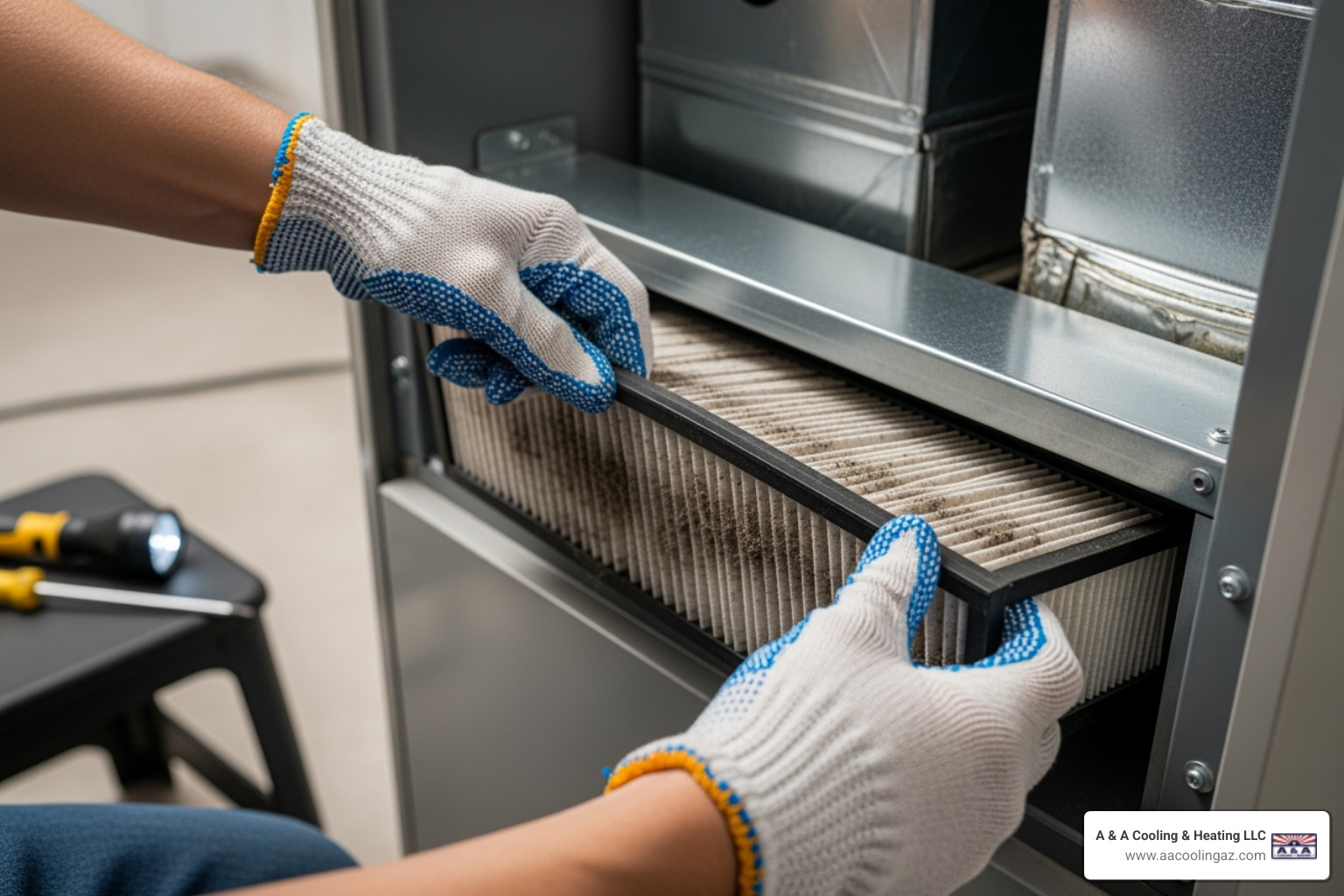 technician replacing a dirty furnace filter - heating repair apache