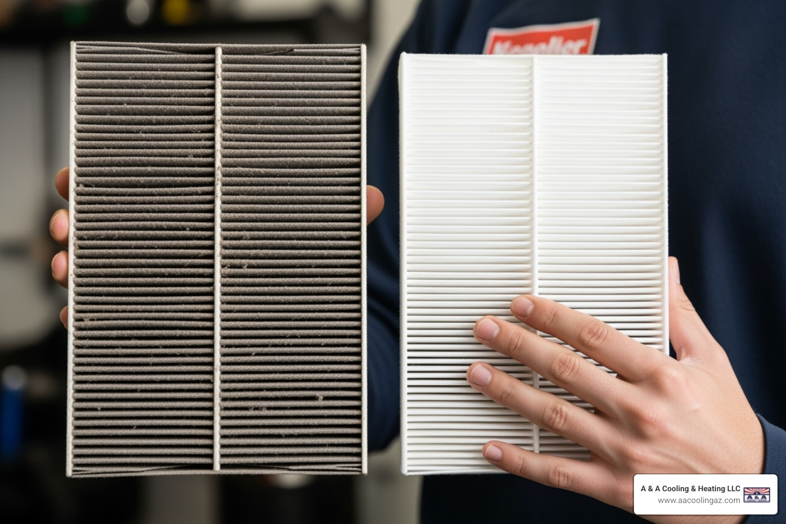 Person holding a dirty air filter next to a new, clean one - AC blowing hot