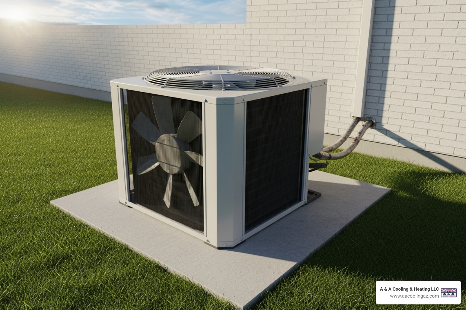 Clean outdoor condenser unit with clear space around it - AC blowing hot