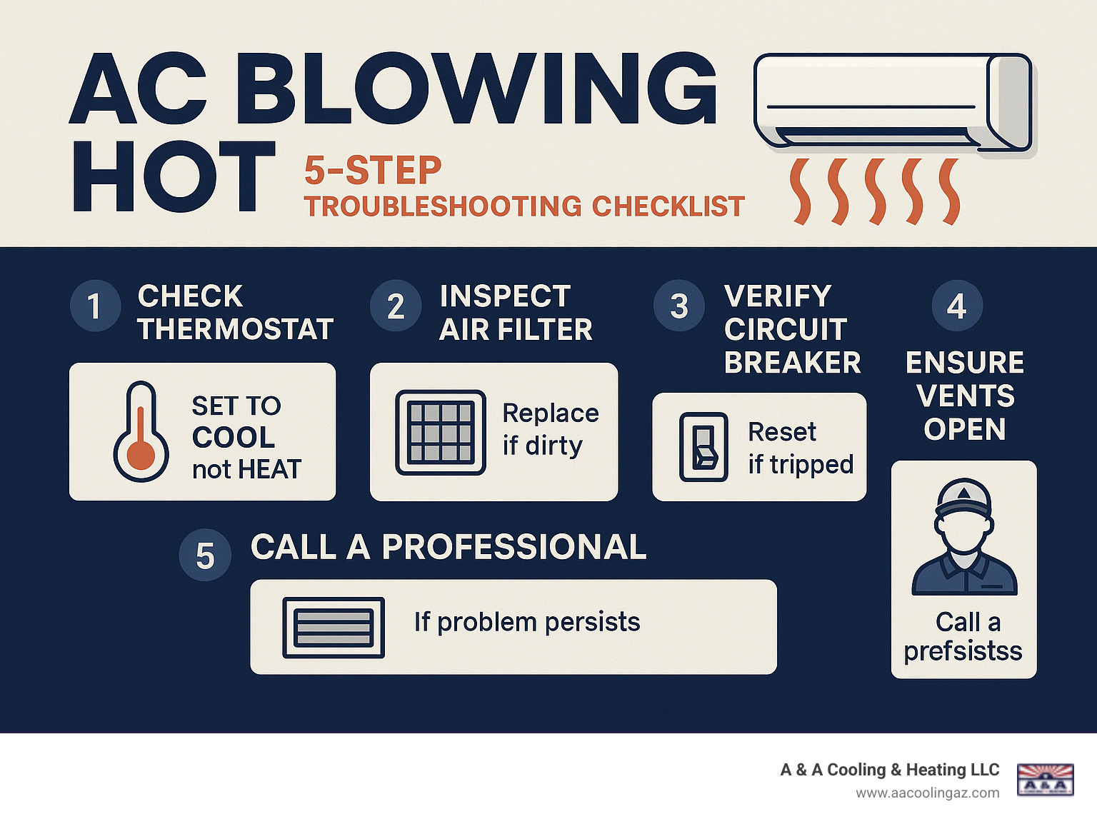 Infographic showing a 5-step troubleshooting checklist for homeowners when their AC is blowing hot air, including checking thermostat settings, inspecting air filters, verifying circuit breakers, ensuring vents are open, and when to call a professional - AC blowing hot infographic 