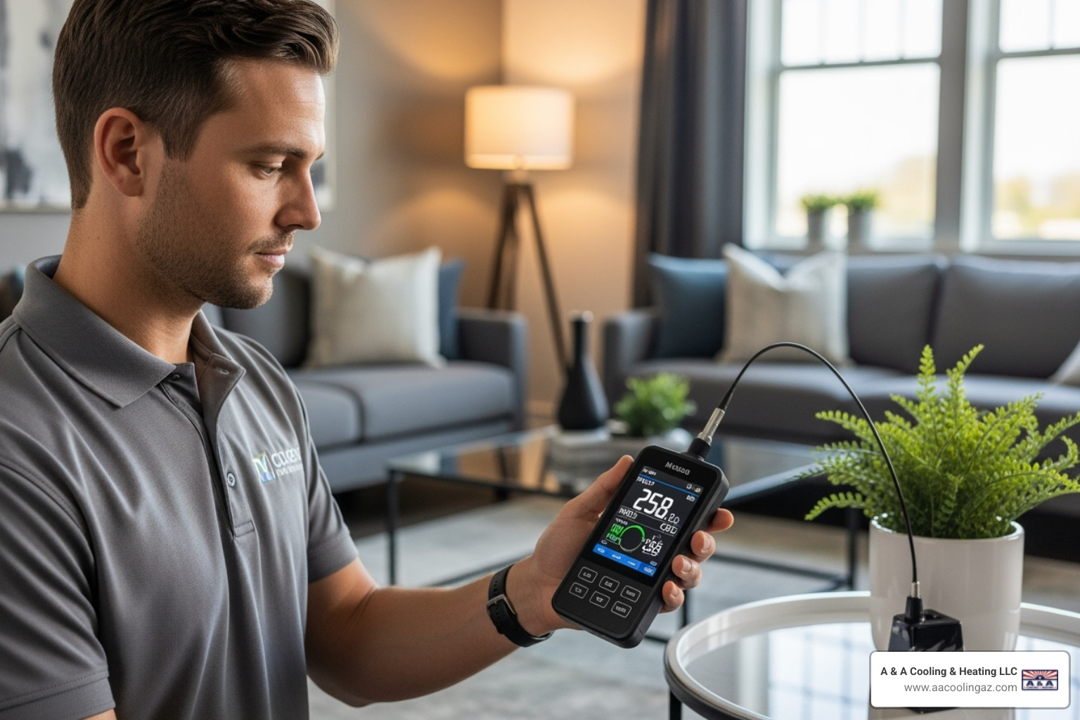 A professional technician using an indoor air quality monitor to test air quality in a home, demonstrating the precision of expert assessment. - air quality solutions