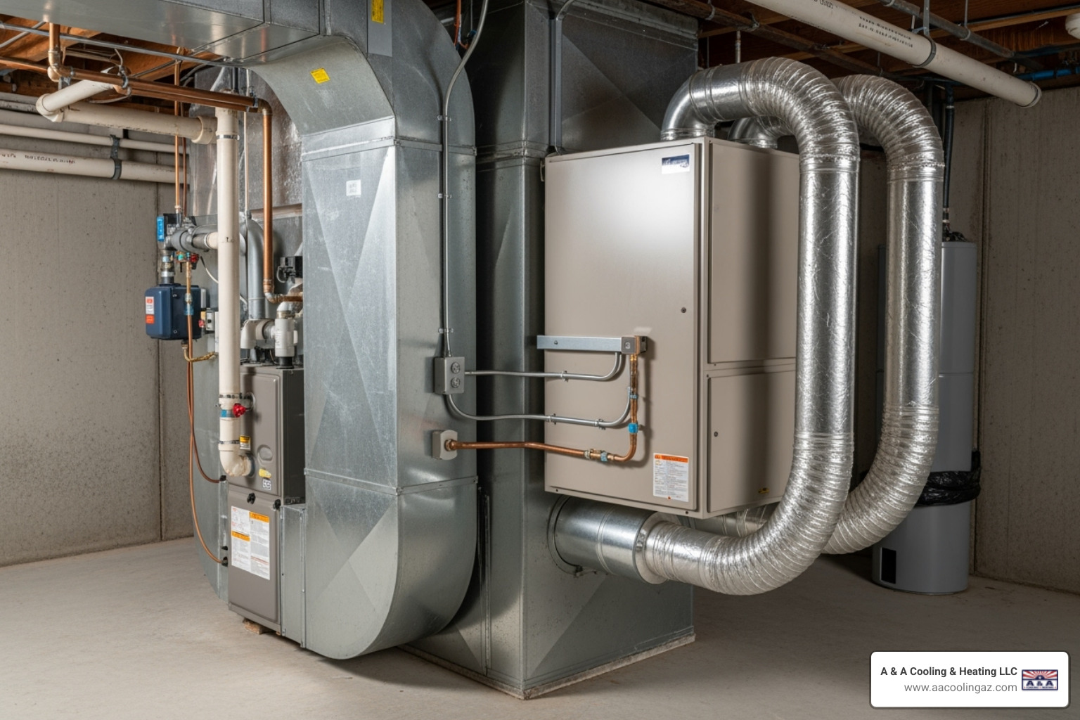 A whole-home dehumidifier integrated with an HVAC system, illustrating its connection to the home's central air for efficient humidity removal. - air quality solutions