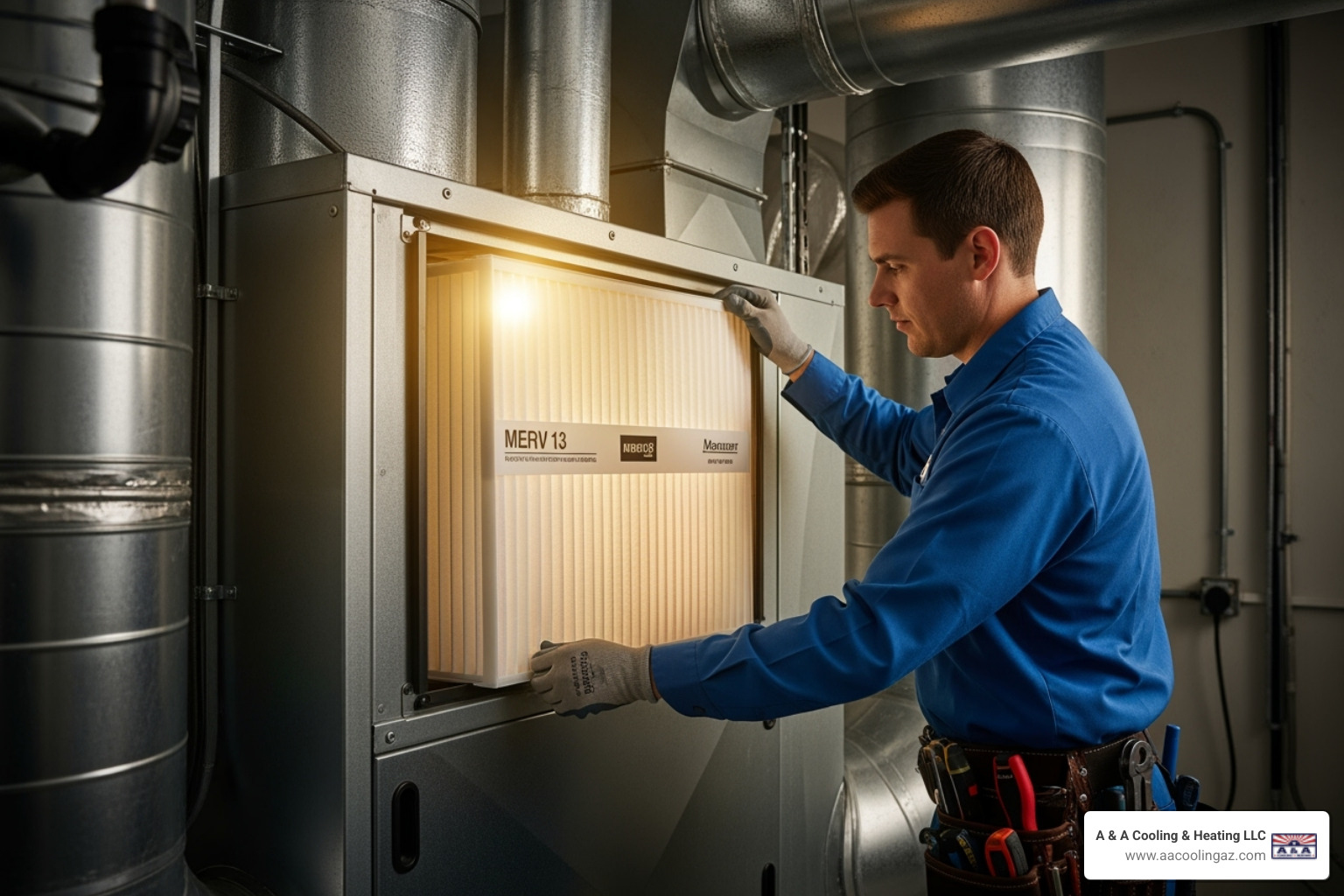 A high-efficiency air filter being installed in an HVAC system by a technician, highlighting the importance of proper installation for optimal air quality. - air quality solutions