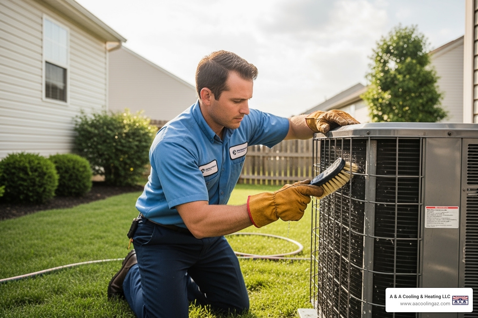 technician cleaning an outdoor AC unit's condenser coils - ac maintenance plan