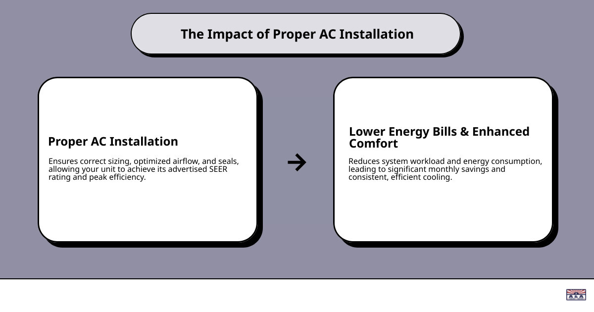 Infographic showing how proper AC installation in Phoenix leads to lower energy bills and increased comfort through optimized system performance and reduced wear and tear - ac installation in phoenix infographic cause_effect_text