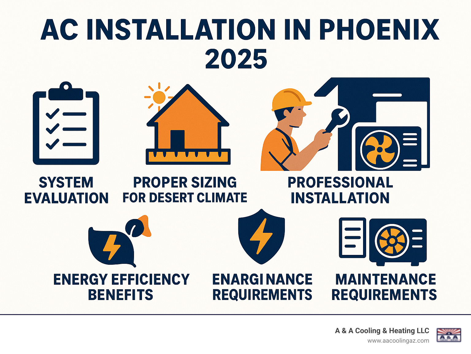 Infographic showing AC installation process in Phoenix including system evaluation, proper sizing for desert climate, professional installation steps, energy efficiency benefits, and maintenance requirements for optimal performance in extreme heat - ac installation in phoenix infographic 