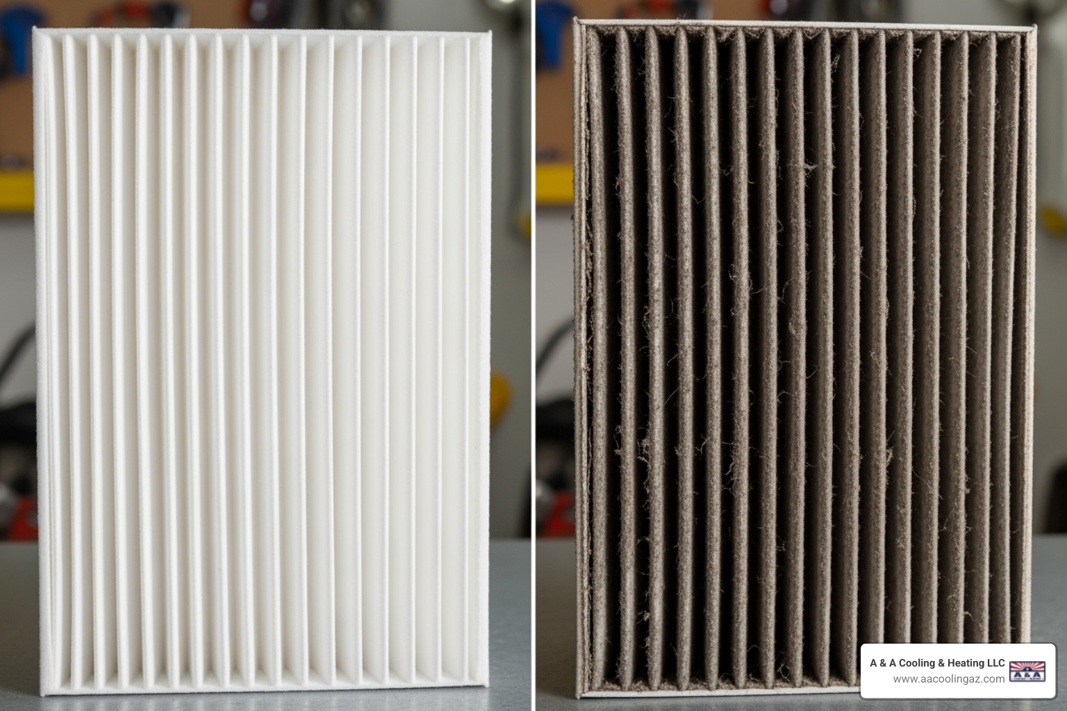 A clean furnace filter next to a dirty, clogged one - furnace not heating