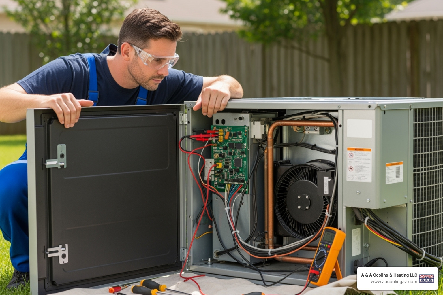 A technician inspecting an open AC unit - AC compressor not working