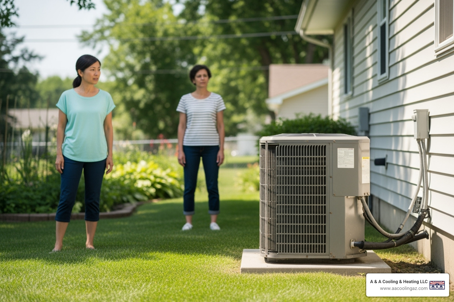 A homeowner safely looking at their outdoor AC unit from a distance - AC fan not spinning
