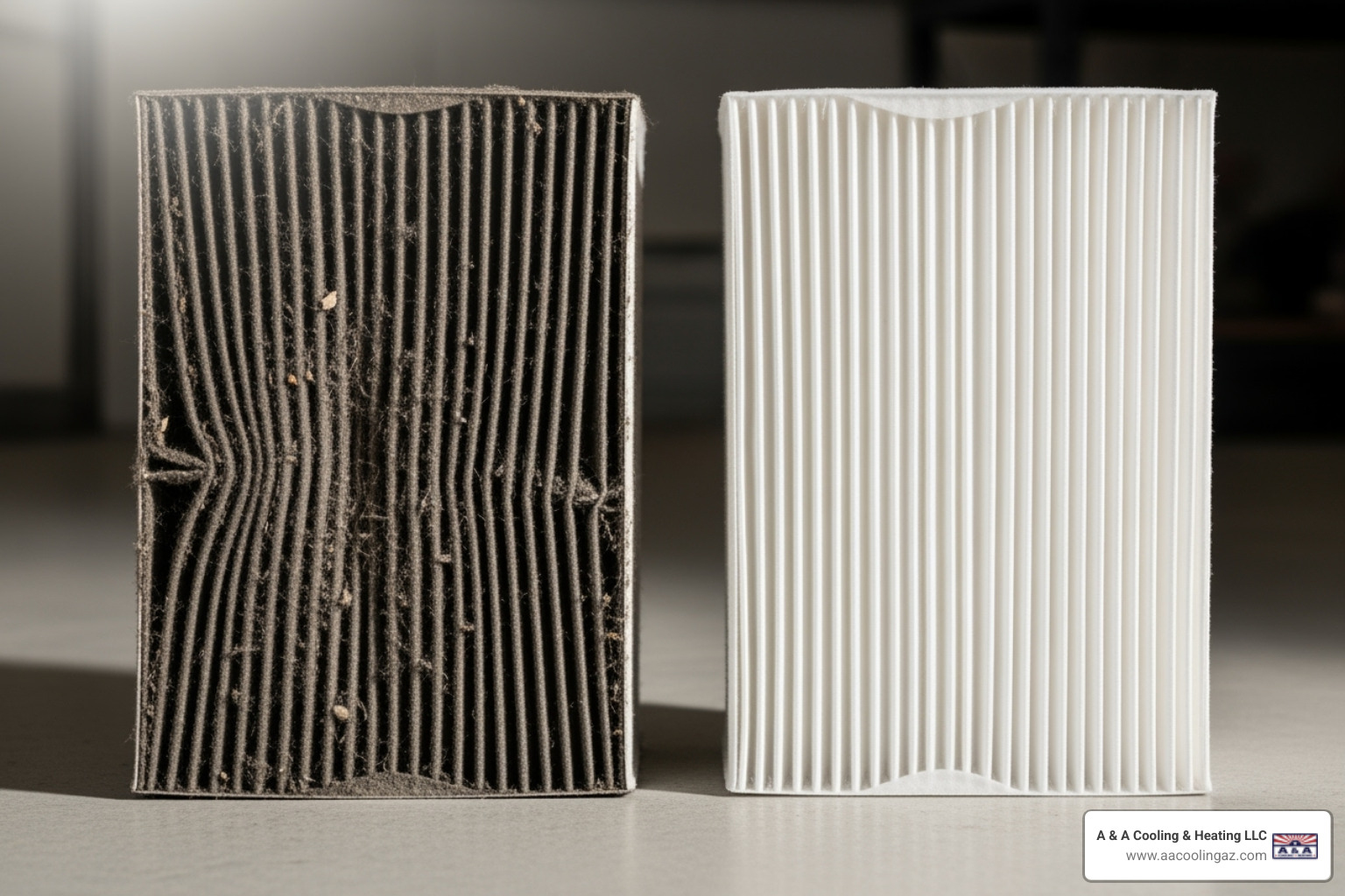 A dirty furnace filter next to a clean one - emergency furnace repair