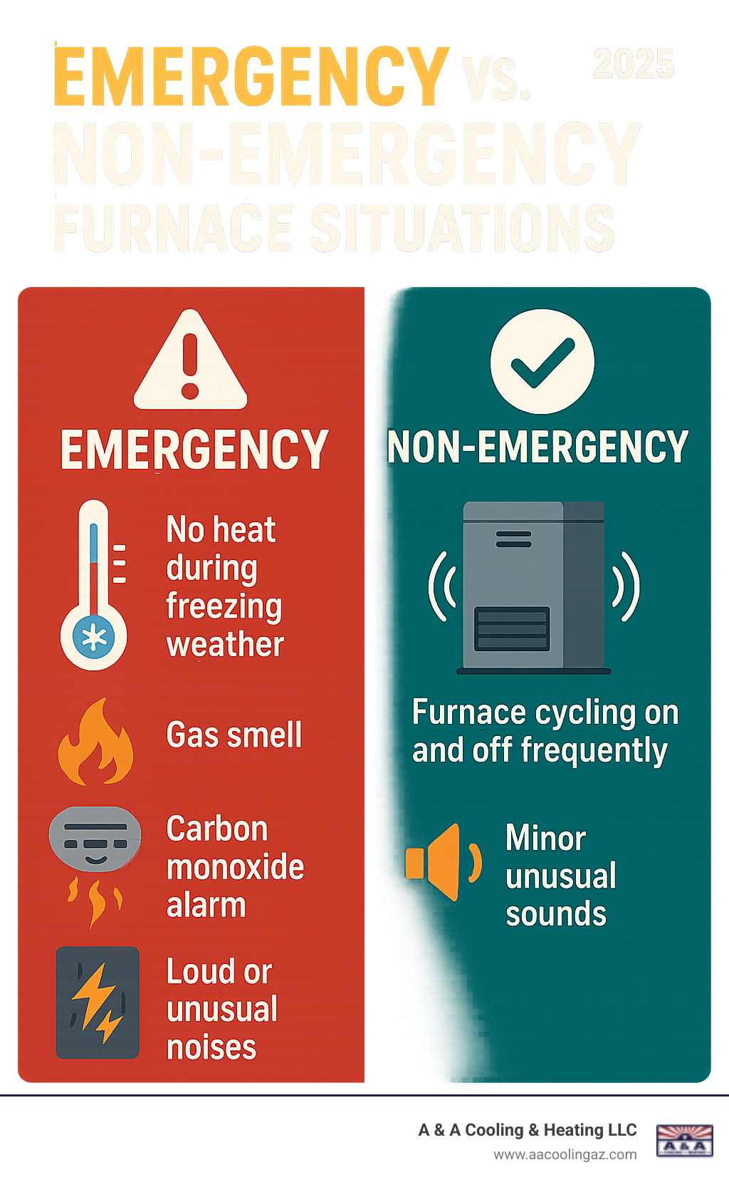 Infographic showing emergency vs non-emergency furnace situations with safety symbols, temperature readings below 32°F, gas smell warnings, carbon monoxide detector alerts, and normal vs dangerous furnace sounds - emergency furnace repair infographic 