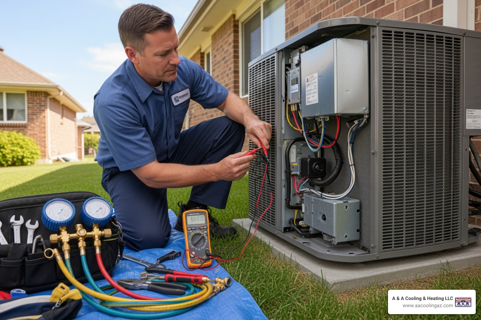professional technician working on an outdoor AC unit - ac repair san tan valley