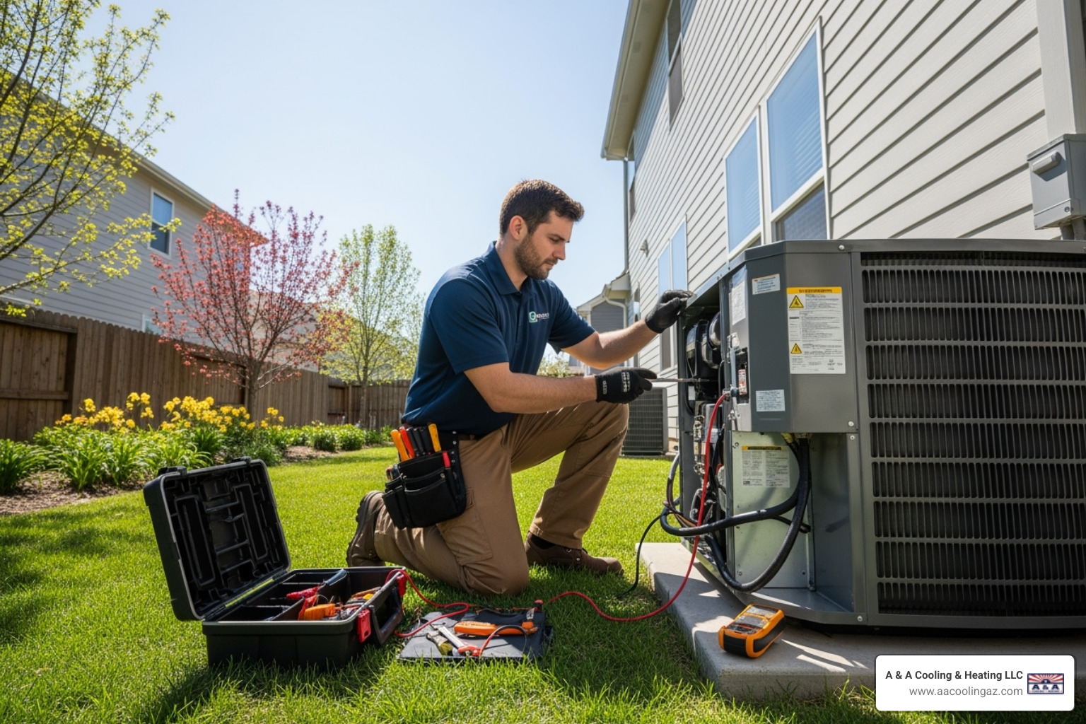 HVAC technician servicing unit - indoor air quality mesa
