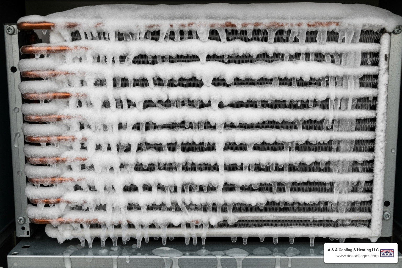 A close-up image of a severely frozen evaporator coil inside an AC unit, covered in a thick layer of ice. - ac won't turn on