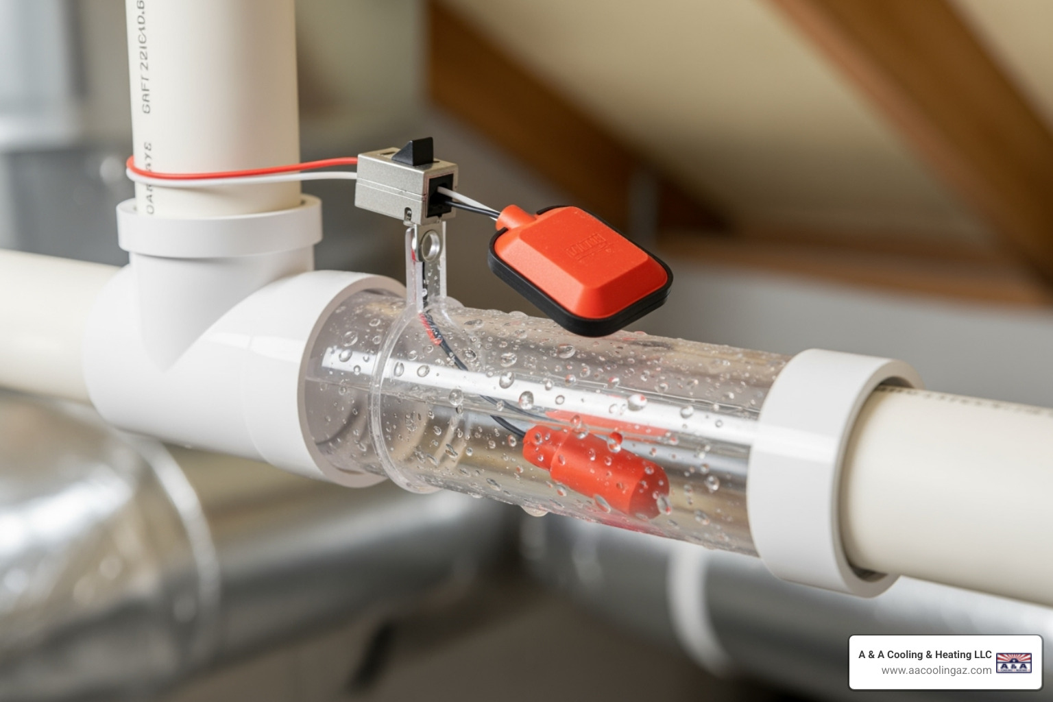 A close-up image of a condensate drain line with a float switch installed, showing the mechanism that detects water levels. - ac won't turn on