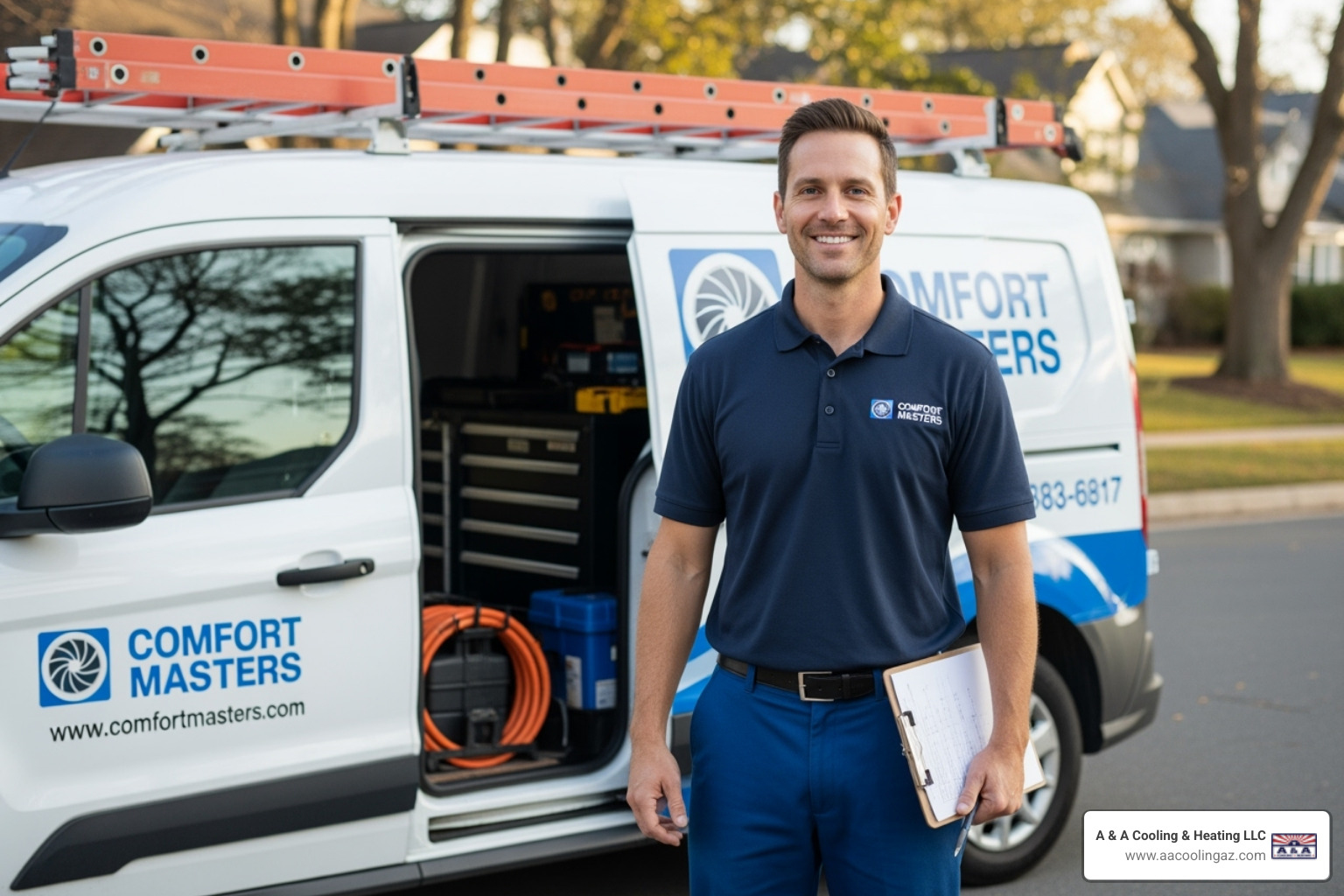 Professional HVAC technician smiling in front of a company van - ac installation gilbert