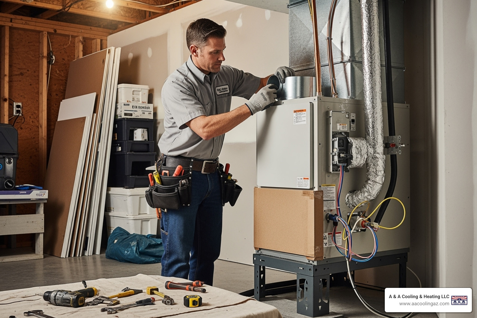 certified technician carefully installing a new indoor air handler - hvac replacement mesa az