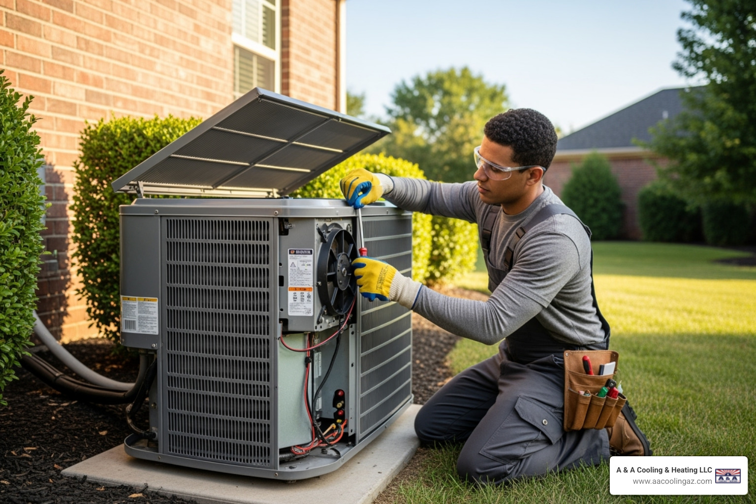 Technician safely working on AC unit - AC condenser unit installation