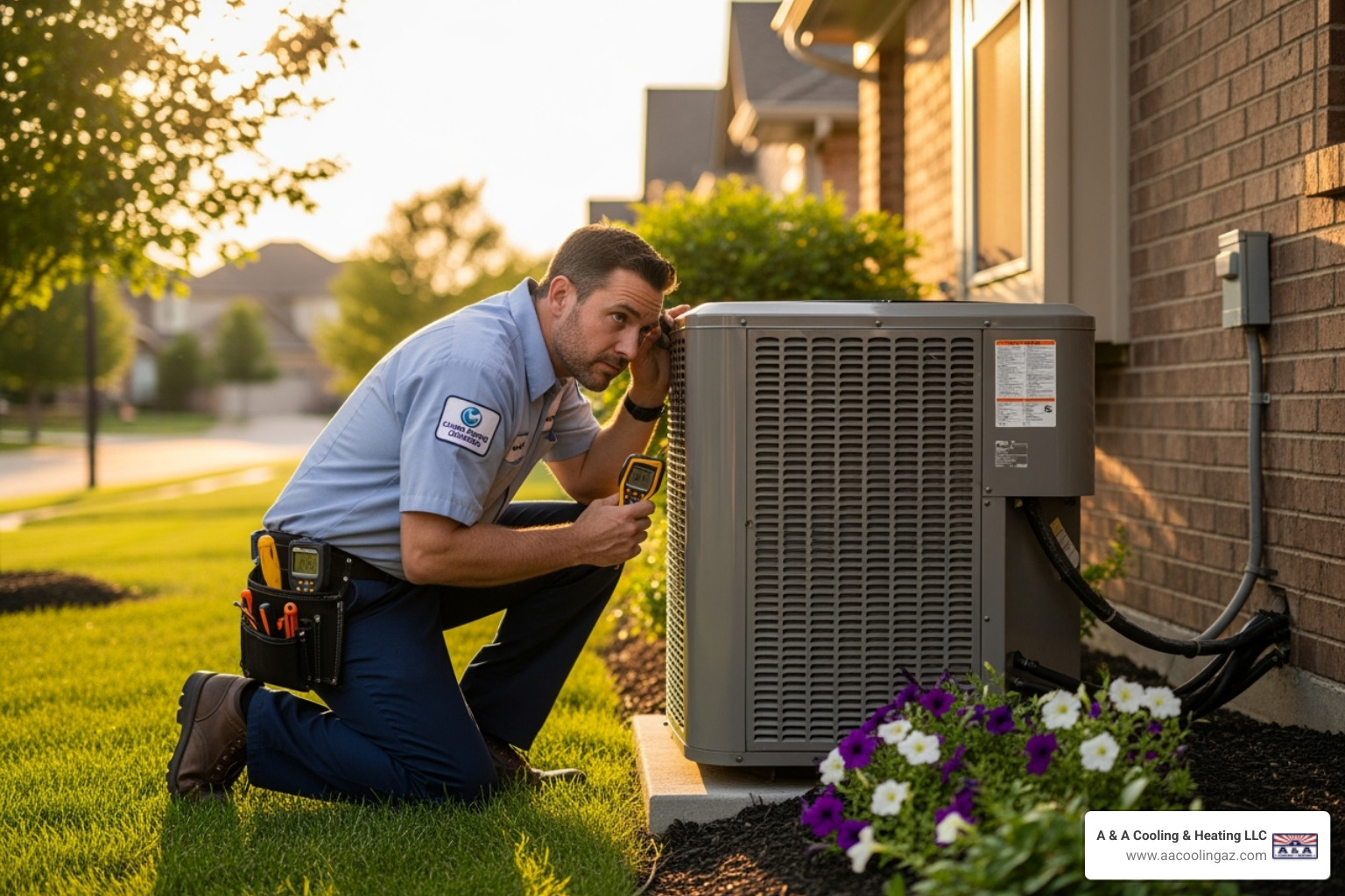 technician listening to an outdoor AC unit - air conditioner repair chandler technician listening to an outdoor AC unit - air conditioner repair chandler