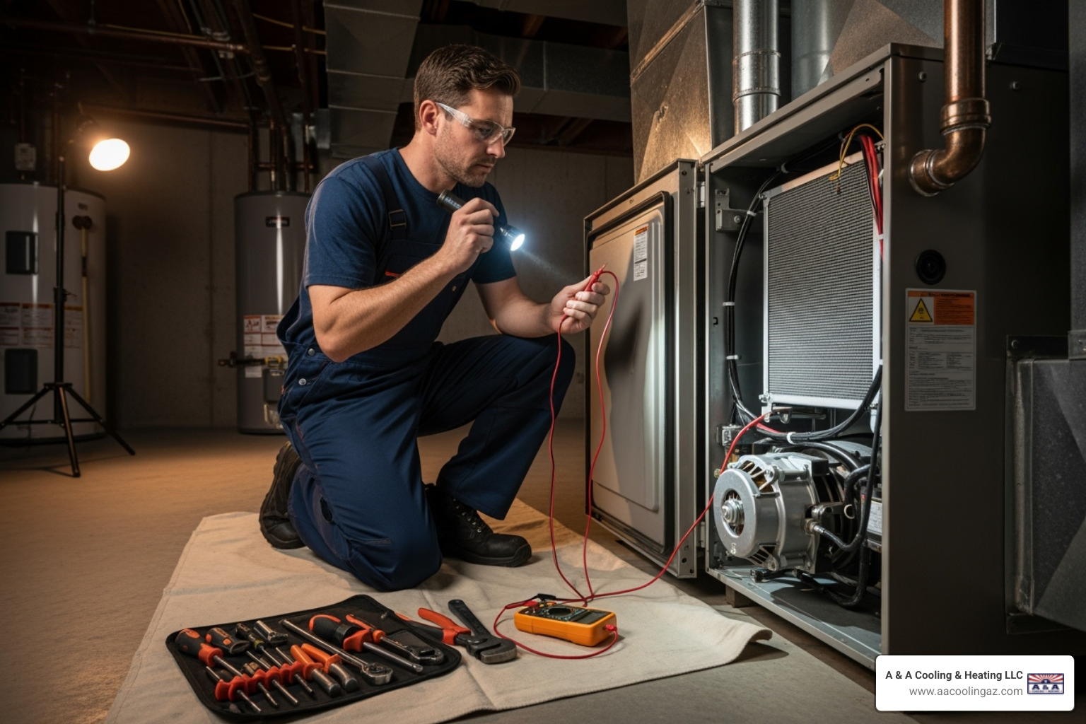 professional HVAC technician inspecting a furnace - furnace blower motor professional HVAC technician inspecting a furnace - furnace blower motor