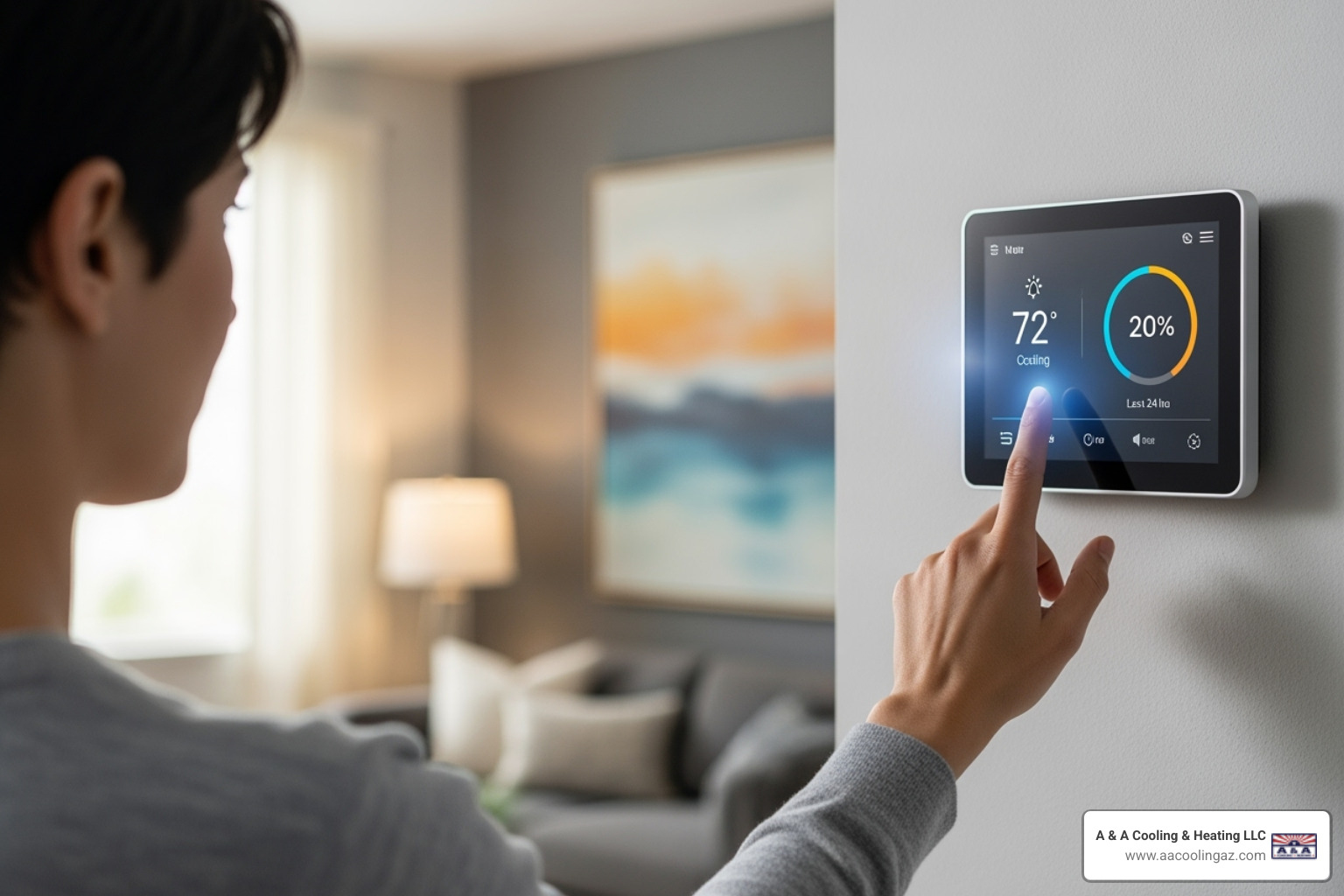 A person checking their thermostat settings - AC blowing warm air