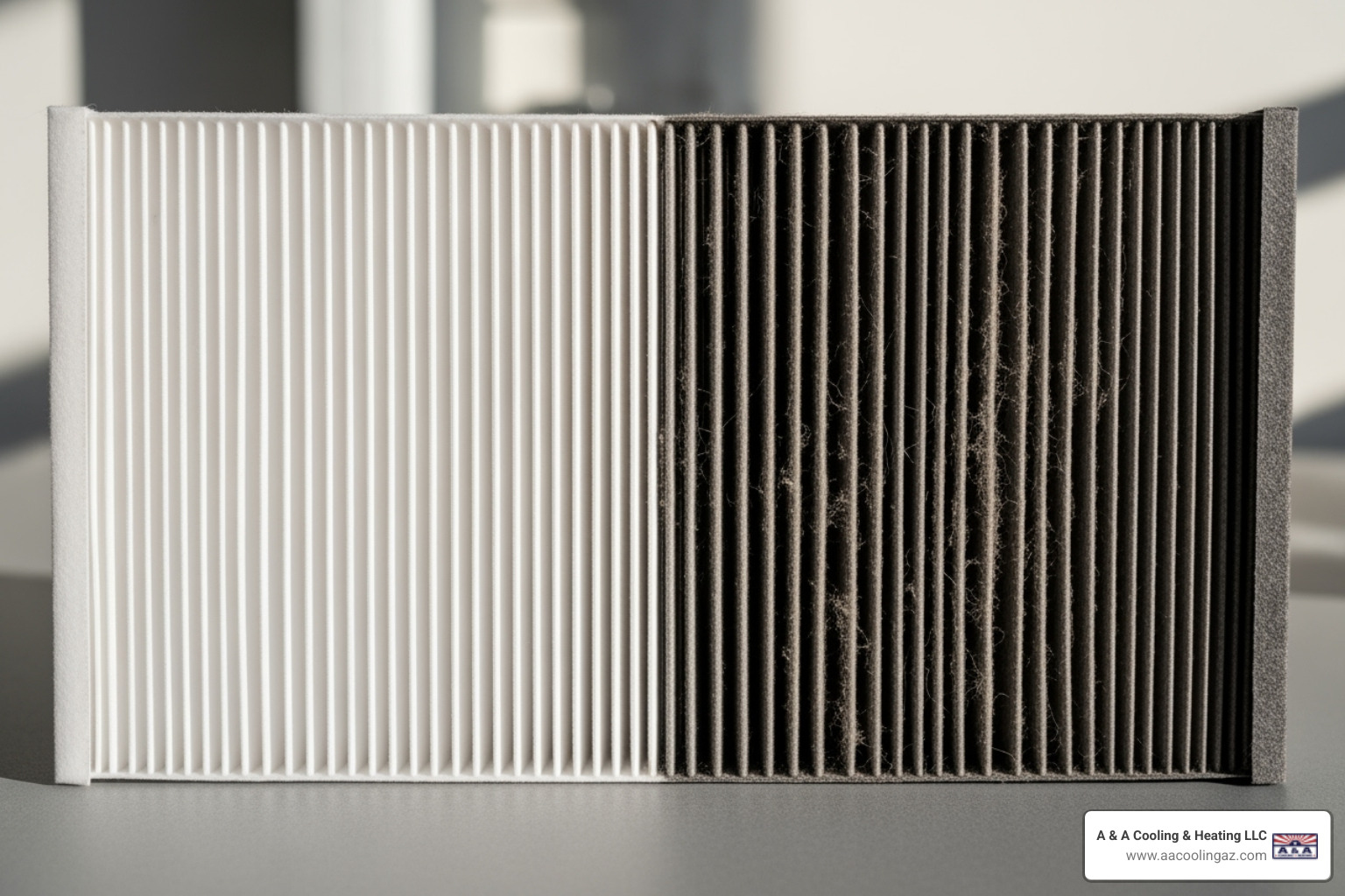A clean air filter next to a dirty, clogged air filter - AC blowing warm air