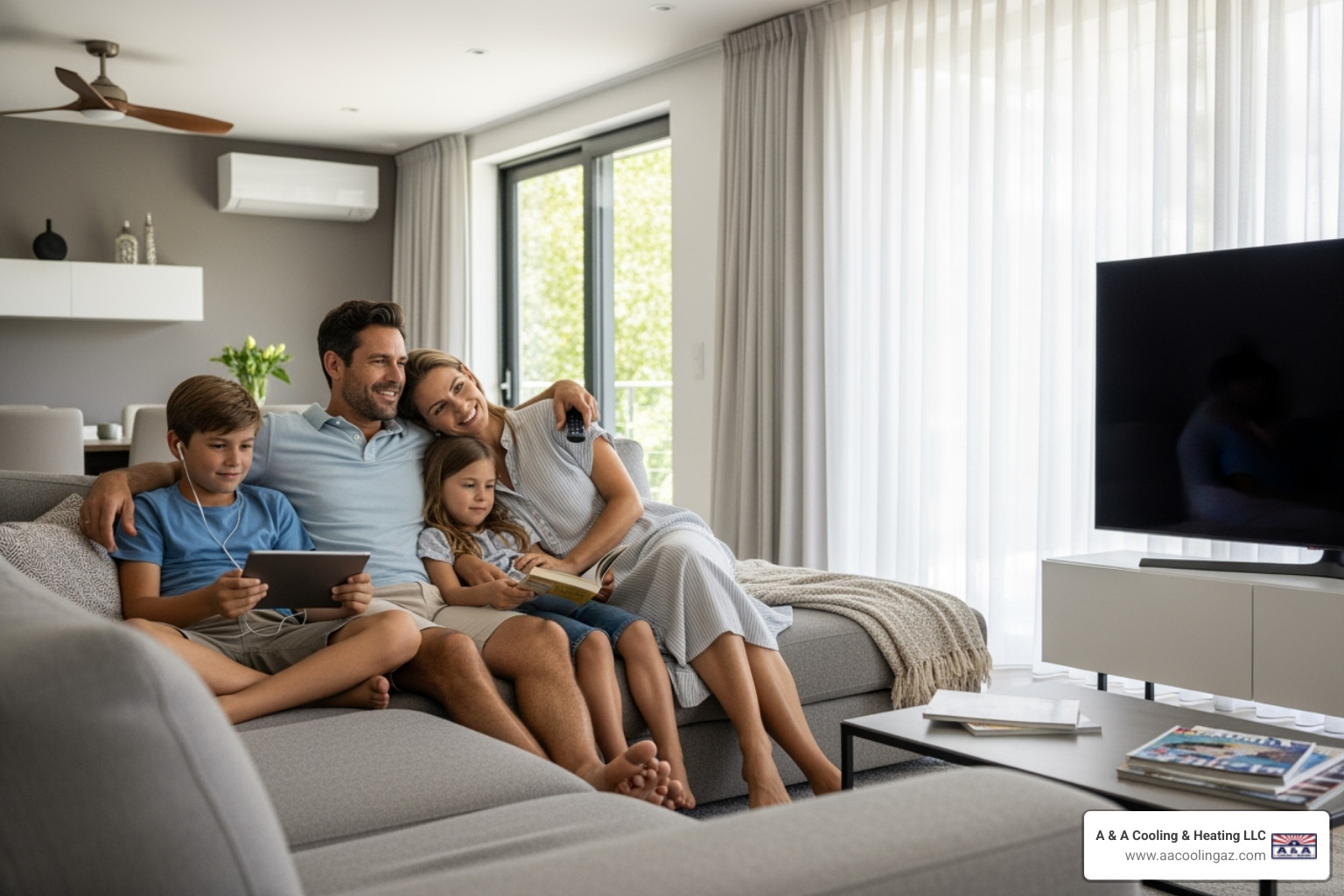 A happy family enjoying a cool home in San Tan Valley - professional ac maintenance san tan valley