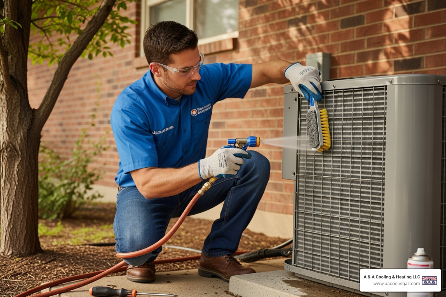 a technician cleaning an outdoor AC unit - professional ac maintenance san tan valley
