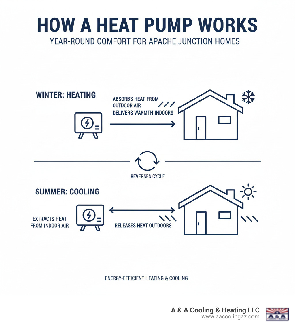 Infographic explaining the basic cycle of a heat pump, showing how it moves heat indoors in winter and outdoors in summer - heat pump installation apache junction infographic Infographic explaining the basic cycle of a heat pump, showing how it moves heat indoors in winter and outdoors in summer - heat pump installation apache junction infographic