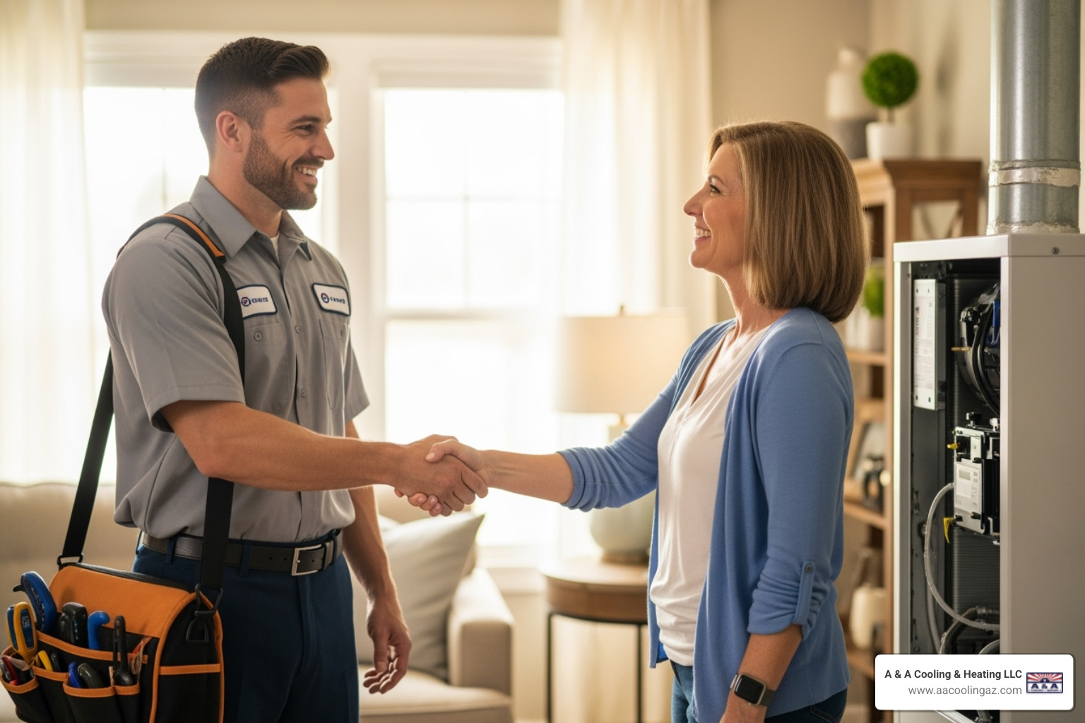 Friendly technician shaking hands with a satisfied homeowner - heat pump installation apache junction Friendly technician shaking hands with a satisfied homeowner - heat pump installation apache junction