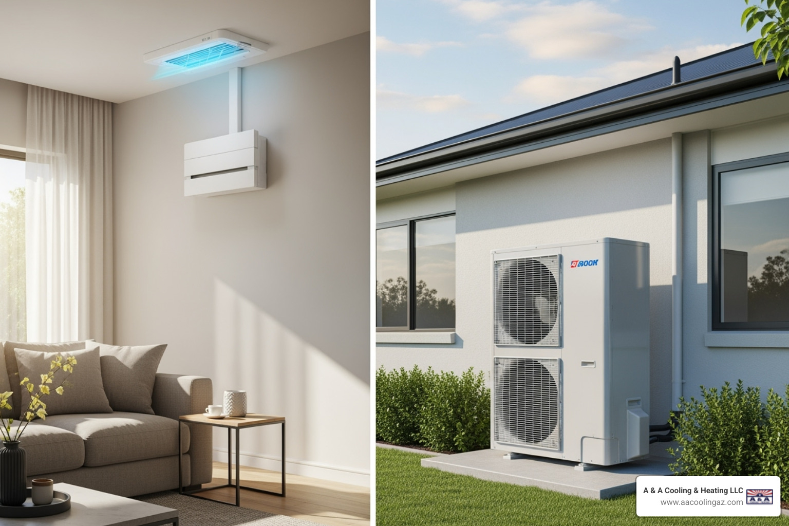 Ductless mini-split head on a wall and a central ducted heat pump unit - heat pump installation apache junction Ductless mini-split head on a wall and a central ducted heat pump unit - heat pump installation apache junction