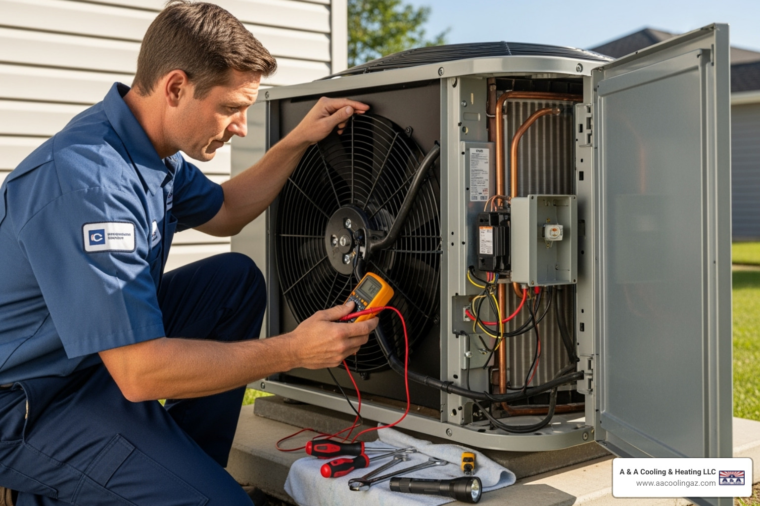 technician inspecting AC unit internal components - ac repair apache junction technician inspecting AC unit internal components - ac repair apache junction