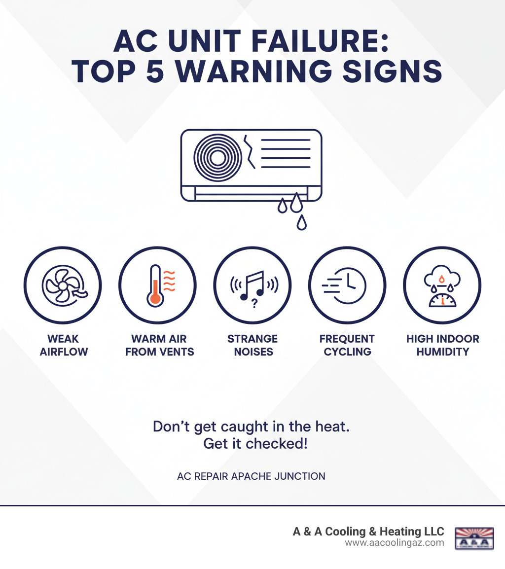 infographic showing top 5 signs AC unit is about to fail including weak airflow, warm air from vents, strange noises, frequent cycling, and high indoor humidity - ac repair apache junction infographic infographic showing top 5 signs AC unit is about to fail including weak airflow, warm air from vents, strange noises, frequent cycling, and high indoor humidity - ac repair apache junction infographic