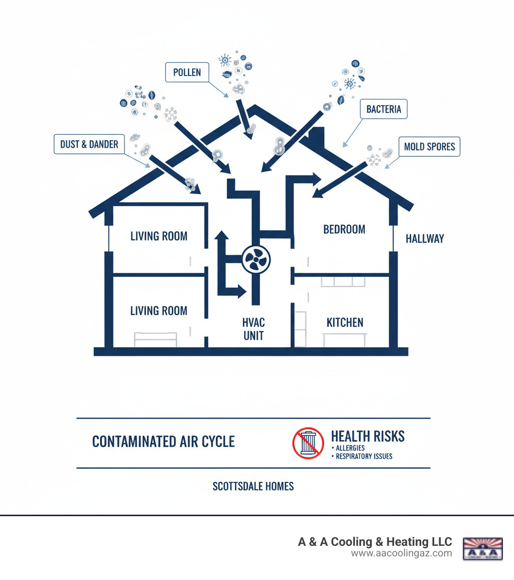 Detailed infographic showing how dust, pet dander, pollen, mold spores, and bacteria circulate through a home's HVAC ductwork system, with arrows indicating airflow patterns and contamination spread throughout different rooms - air duct sanitization scottsdale infographic Detailed infographic showing how dust, pet dander, pollen, mold spores, and bacteria circulate through a home's HVAC ductwork system, with arrows indicating airflow patterns and contamination spread throughout different rooms - air duct sanitization scottsdale infographic