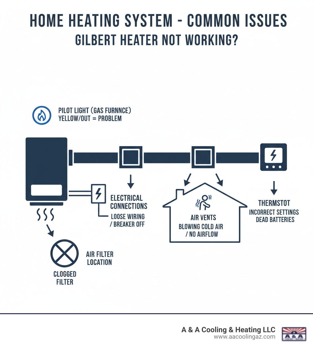 Detailed infographic showing home heating system components including furnace unit, thermostat, ductwork, air vents, pilot light, air filter location, and electrical connections with labels for common problem areas - heater not working gilbert infographic Detailed infographic showing home heating system components including furnace unit, thermostat, ductwork, air vents, pilot light, air filter location, and electrical connections with labels for common problem areas - heater not working gilbert infographic