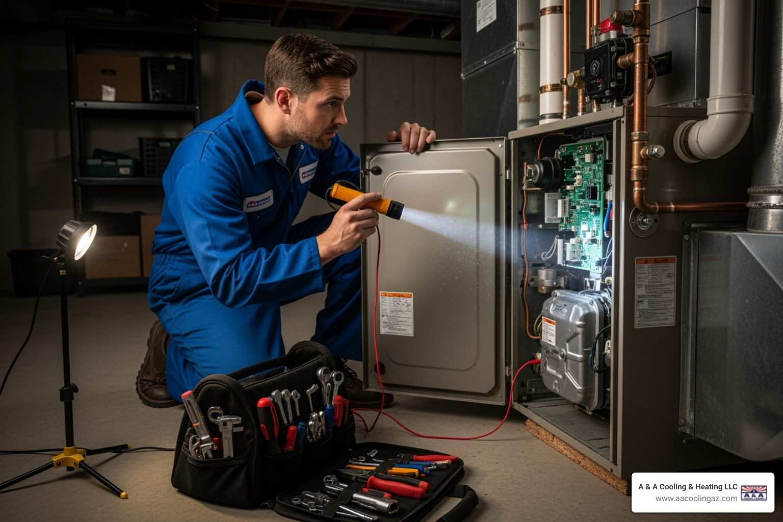 A professional HVAC technician with tools inspecting a furnace - heater not working gilbert A professional HVAC technician with tools inspecting a furnace - heater not working gilbert