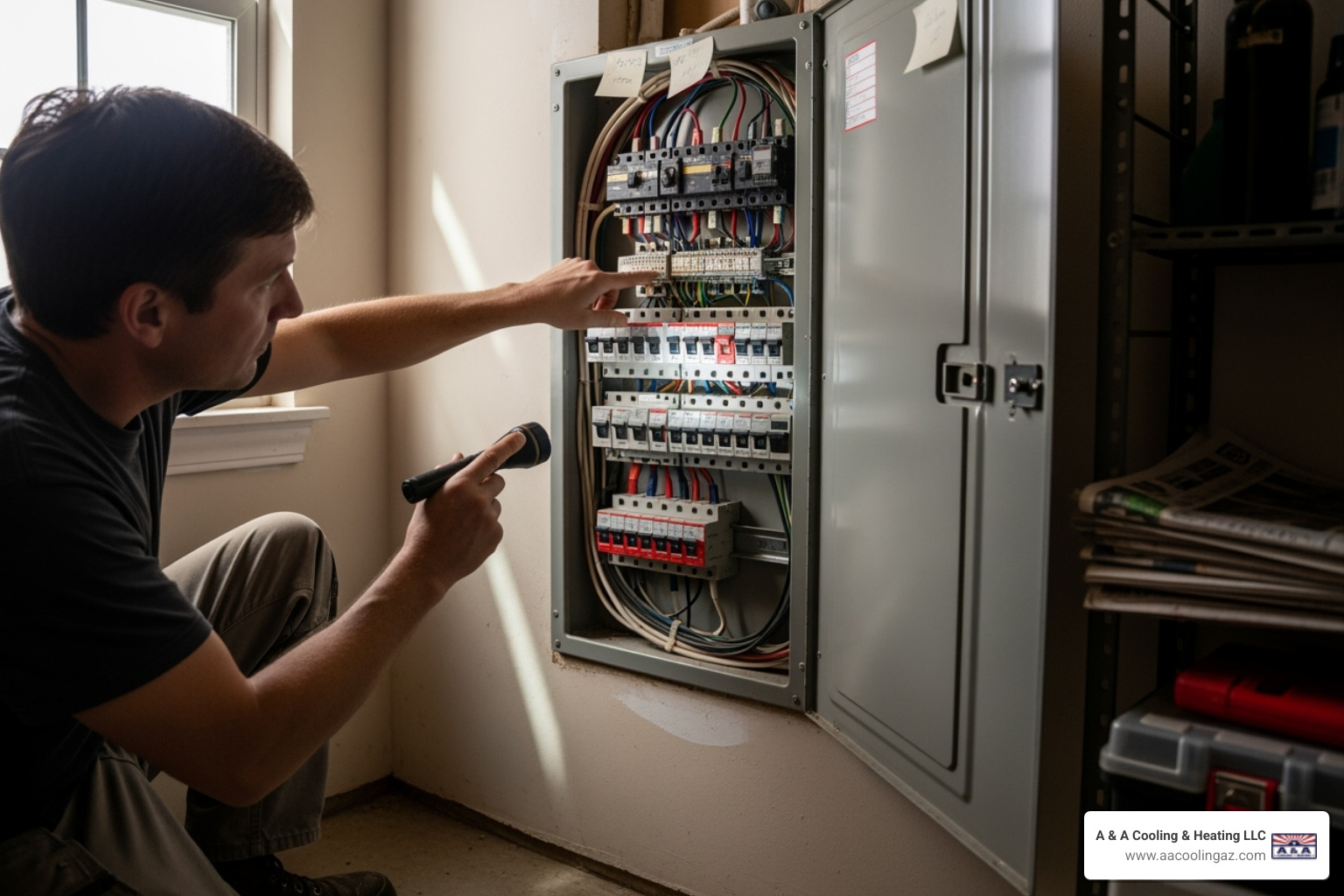 A homeowner checking their circuit breaker panel - heater not working gilbert A homeowner checking their circuit breaker panel - heater not working gilbert