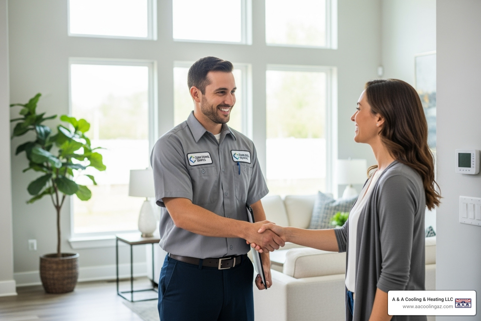friendly HVAC technician shaking hands with a happy homeowner in Apache Junction - furnace installation apache junction friendly HVAC technician shaking hands with a happy homeowner in Apache Junction - furnace installation apache junction