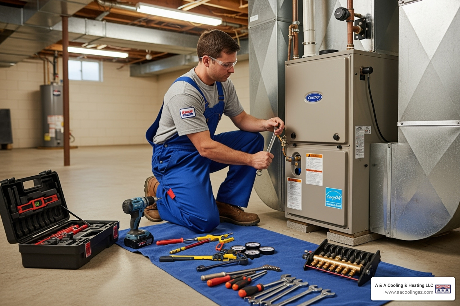 certified technician professionally installing a new furnace in a clean workspace - furnace installation apache junction