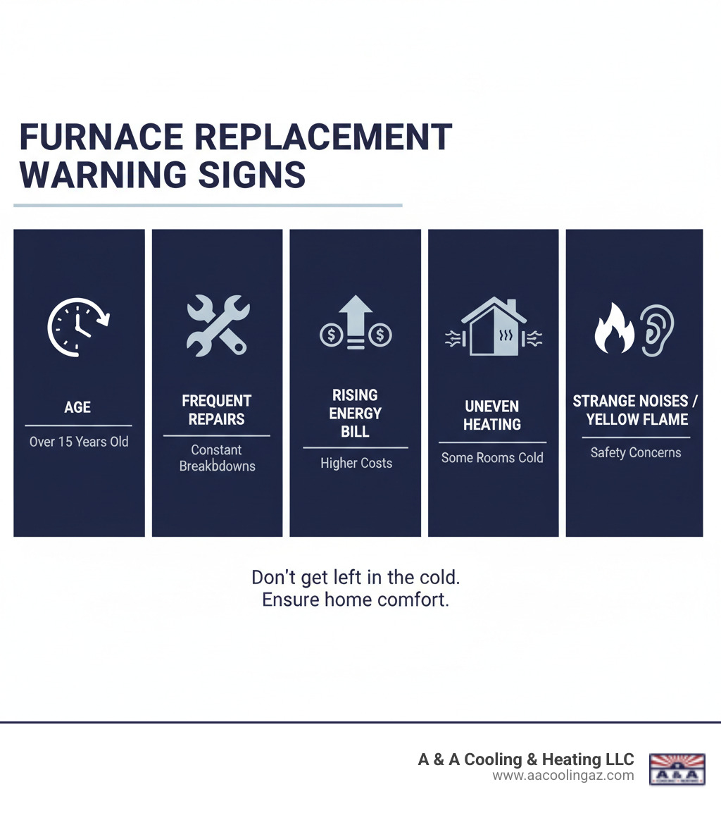 Signs you need furnace replacement including age over 15 years, frequent repairs, rising energy bills, uneven heating, and strange noises or yellow flames indicating safety concerns - furnace installation apache junction infographic Signs you need furnace replacement including age over 15 years, frequent repairs, rising energy bills, uneven heating, and strange noises or yellow flames indicating safety concerns - furnace installation apache junction infographic