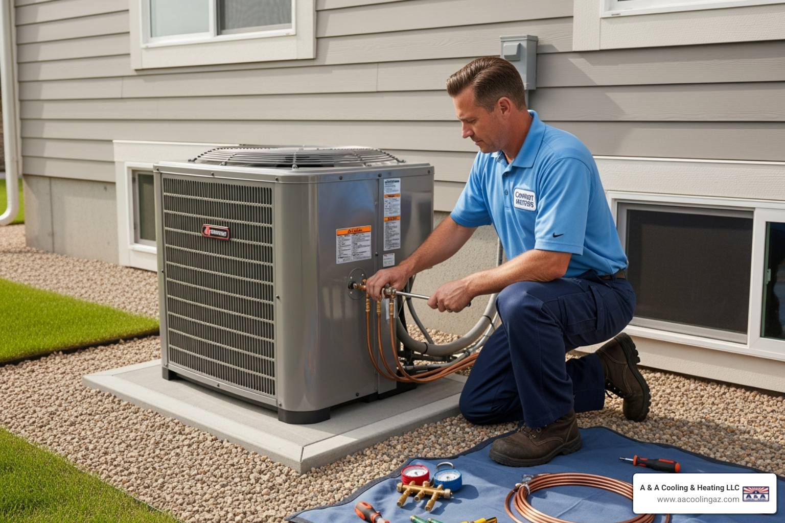 A professional HVAC technician carefully installing an outdoor condenser unit on a sturdy, level pad, ensuring proper clearance and connections. - ductless ac installation apache junction