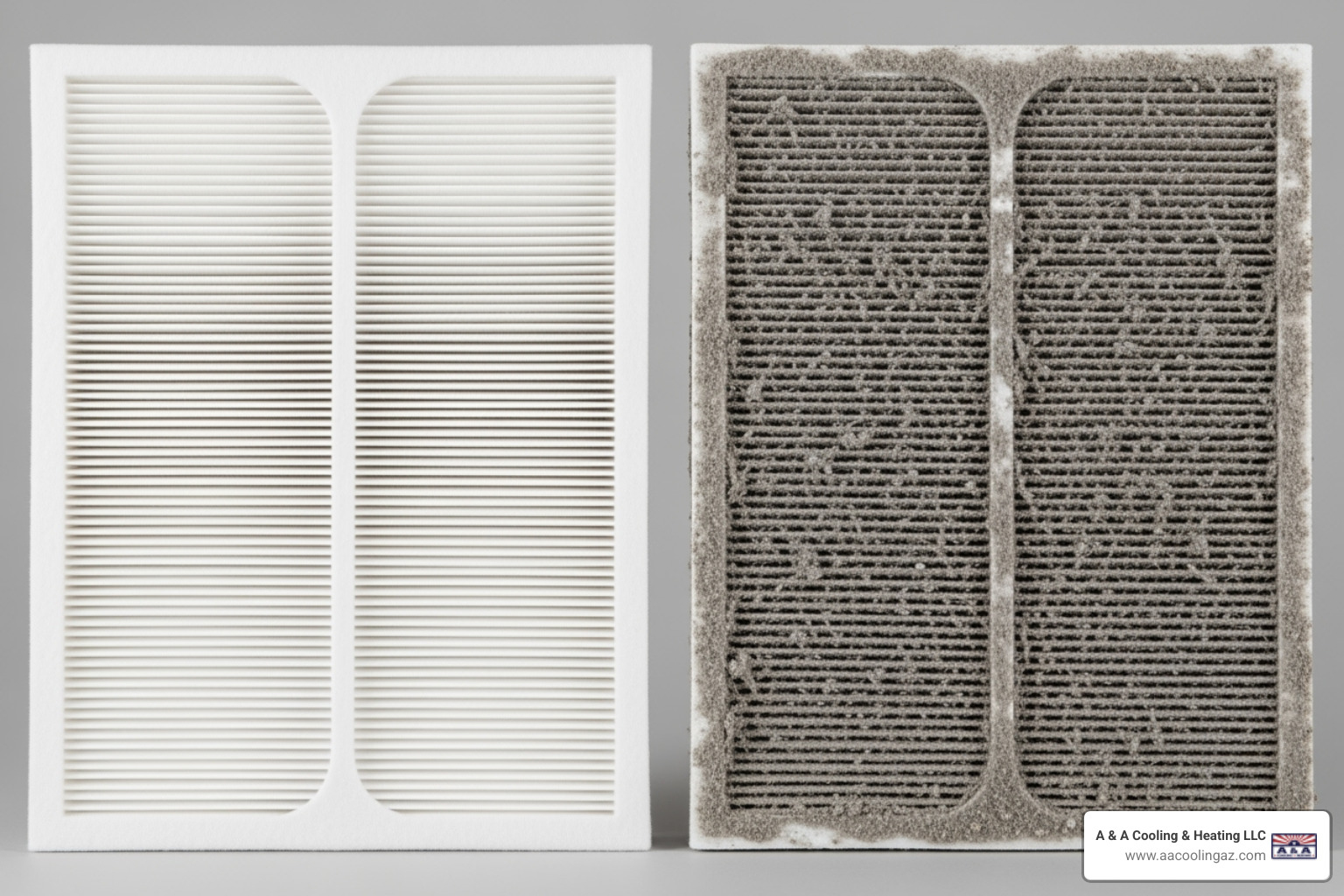 A side-by-side comparison of a clean mini-split air filter on the left and a dirty, dust-clogged filter on the right, highlighting the importance of regular cleaning. - ductless ac installation apache junction