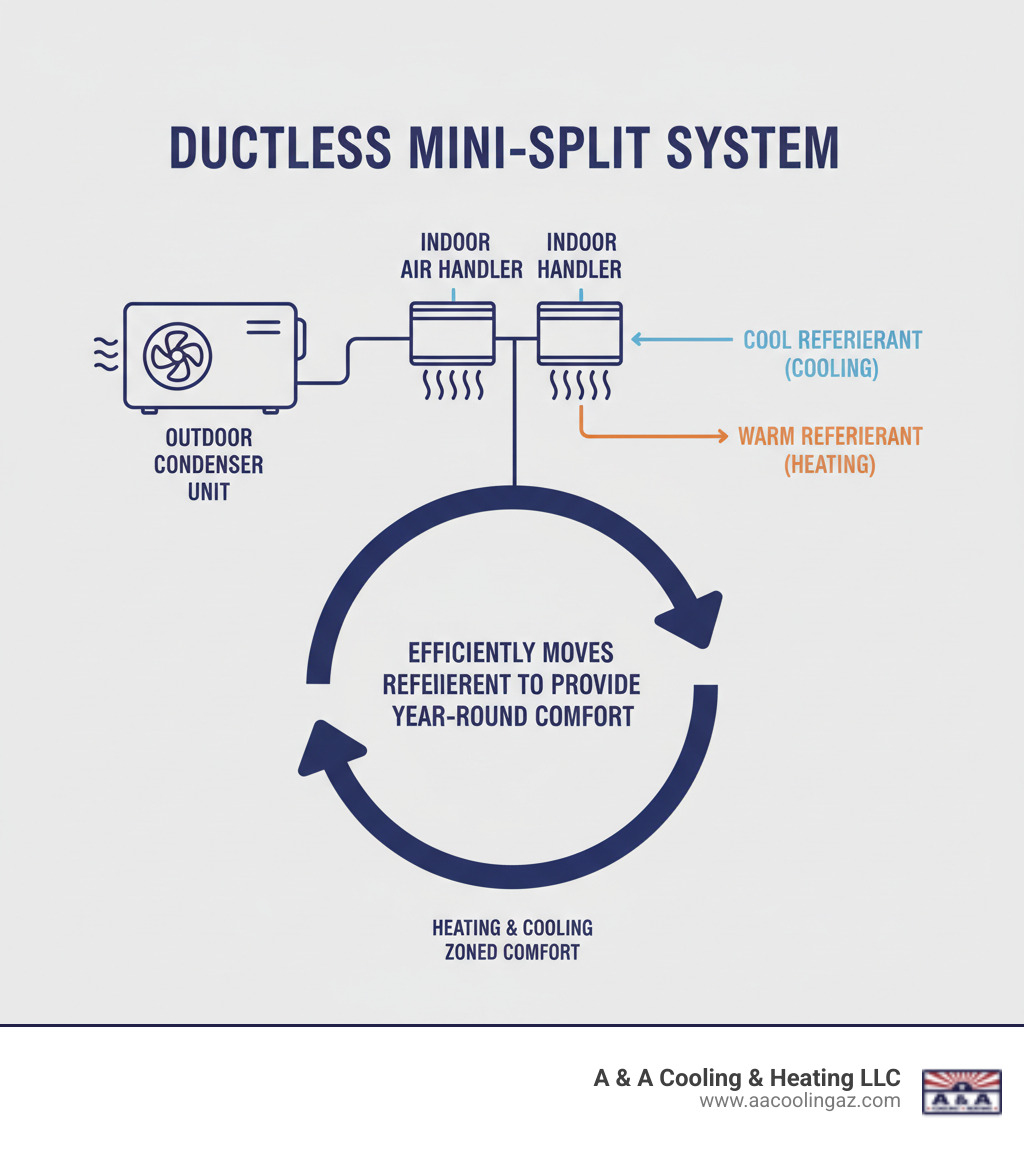 Infographic showing the three main components of a ductless mini-split system: an outdoor condenser unit connected via refrigerant lines to wall-mounted indoor air handlers, with labels explaining how refrigerant circulates between units to provide efficient heating and cooling - ductless ac installation apache junction infographic 