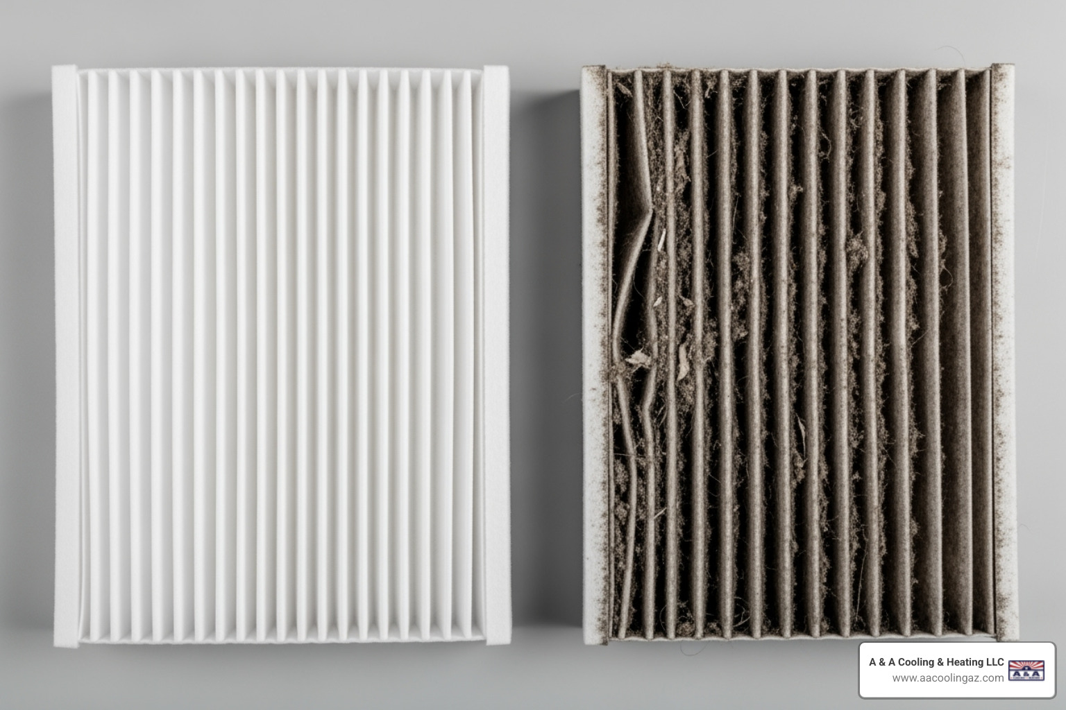 Image of a clean vs. a dirty HVAC air filter - indoor air quality chandler