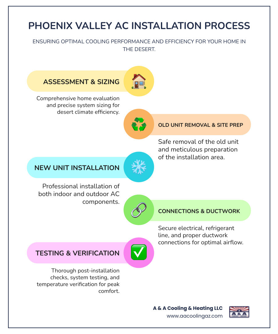 Infographic showing the AC installation process in Phoenix Valley, including initial home assessment, system sizing for desert climate, proper ductwork installation, electrical connections, refrigerant line setup, and post-installation testing with temperature verification - ac contractor installation phoenix valley infographic infographic-line-5-steps-colors