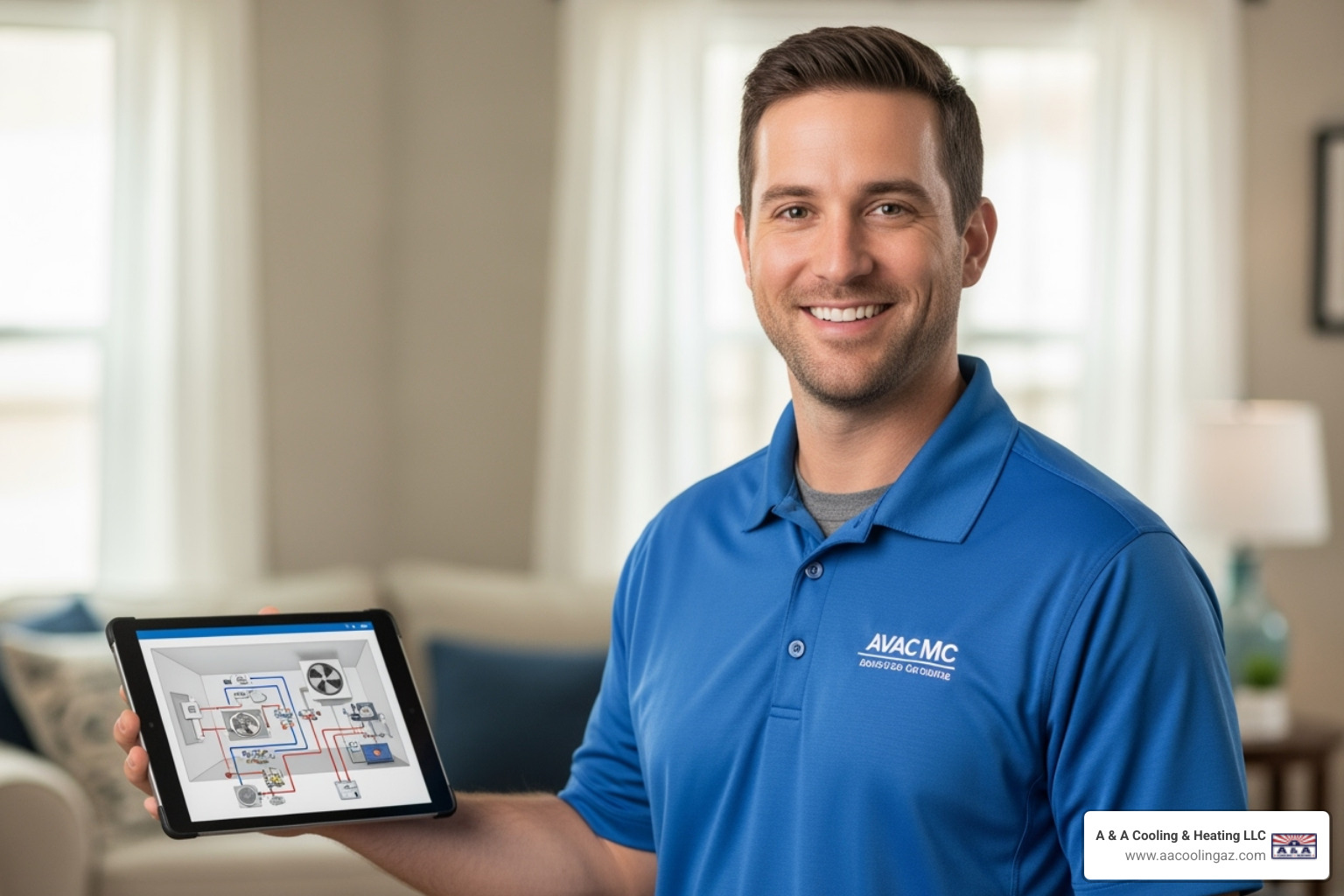 Professional HVAC technician with a friendly smile, holding a tablet - ac contractor installation phoenix valley