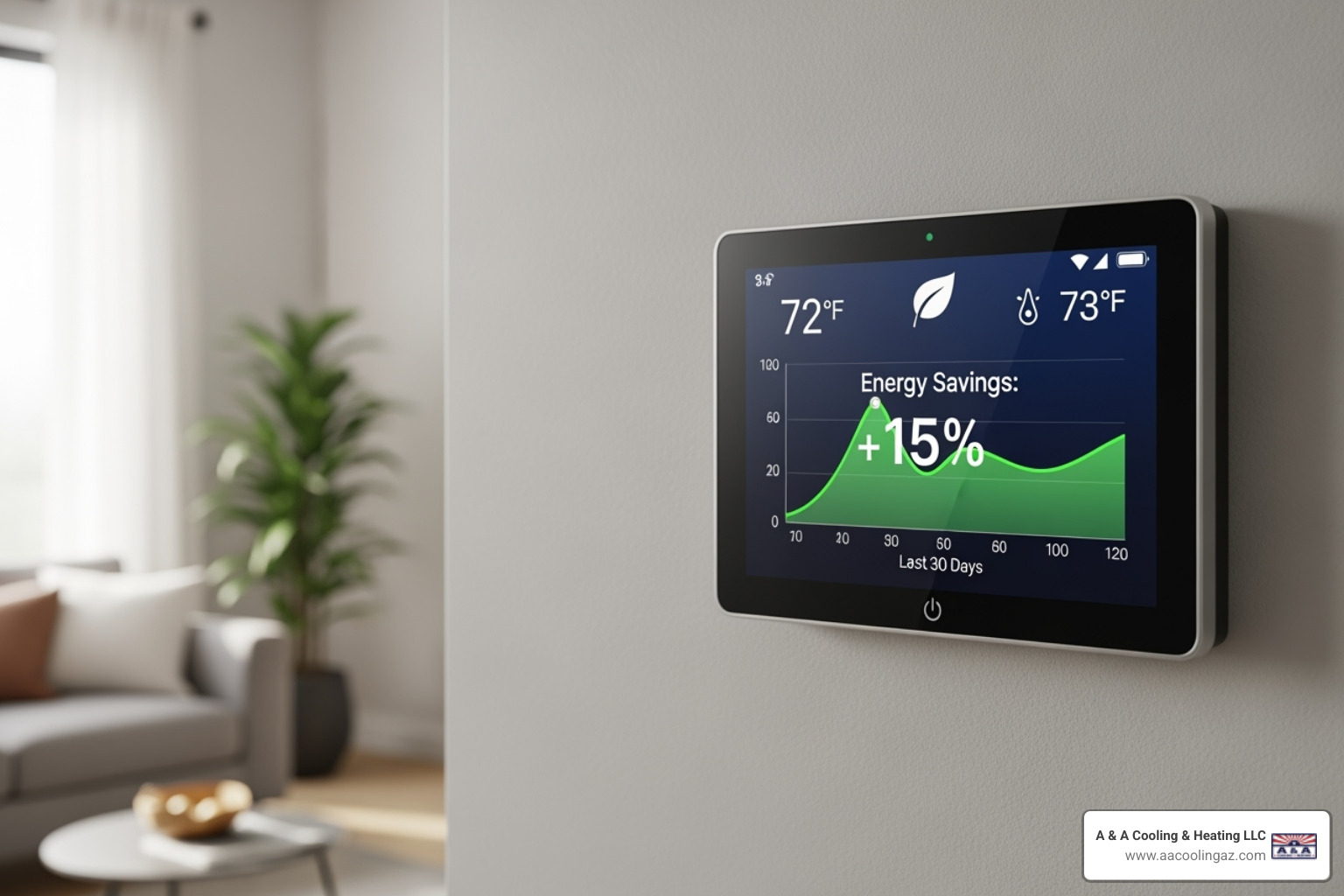 new smart thermostat displaying energy savings - heat pump replacement gilbert
