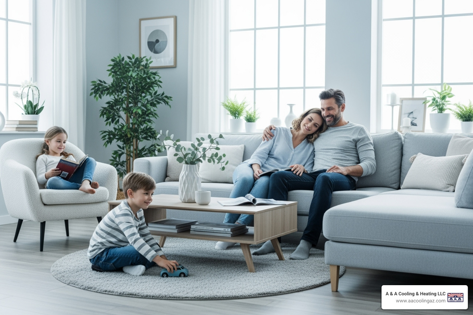 family relaxing in a cool, comfortable living room - heat pump replacement gilbert family relaxing in a cool, comfortable living room - heat pump replacement gilbert